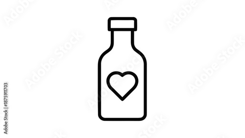 Vector illustration of a line art bottle with a heart symbol, representing love, care, and well-being