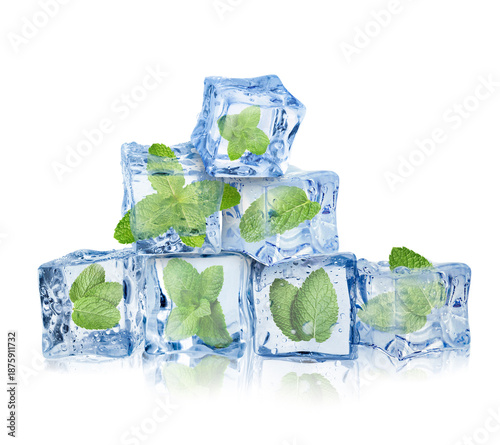 Fresh mint leaves in ice cubes isolated on white