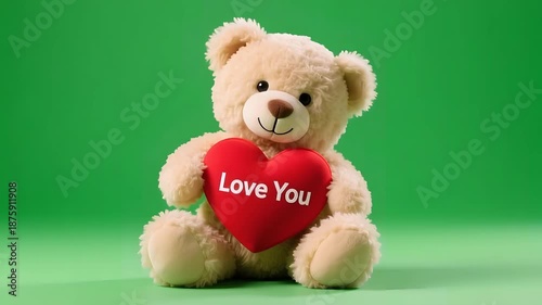 Cute teddy bear holding red heart with love message in soft studio lighting on green background for valentines day gift