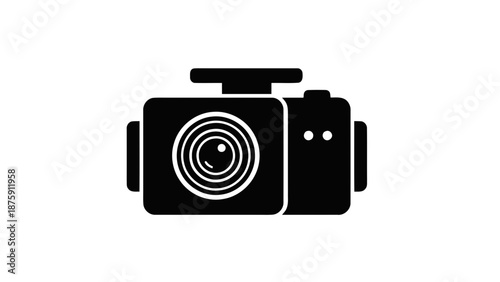 Vector illustration of a sleek black camera icon, symbolizing modern photography, video recording, and visual media technology