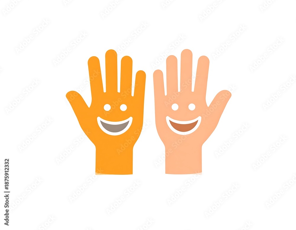 Obraz premium Two hand outlines, one orange and one beige, each displaying a smiling face on the palms