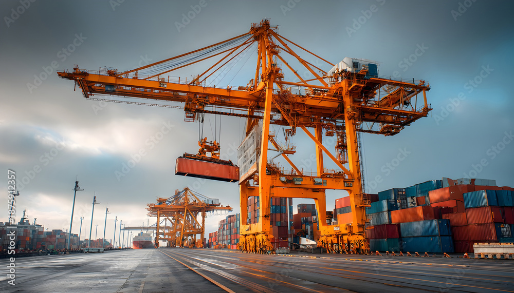 Fototapeta premium Gantry crane is unloading a container from a ship at daytime in the port