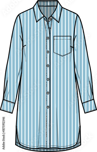 Women's striped shirt dress technical fashion illustration, long sleeve design, front view, vector flat sketch, blue and white color, casual oversized tunic template.
