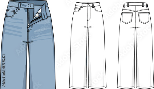 Women's wide leg jeans technical flat sketch vector illustration, high waist denim pants, front and back views, zipper fly detail, fashion design template, casual wear.
