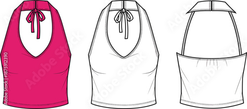 Women's halter neck crop top technical flat sketch vector illustration, pink summer camisole, front and back views, tie back detail, fashion design template.
