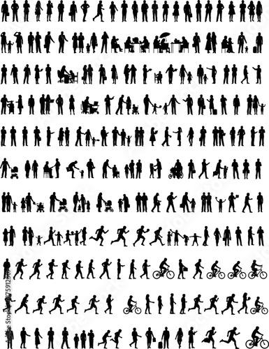 Big set of black human silhouettes, architectural people entourage, diverse men women children poses, walking running biking standing figures, vector graphic design element.