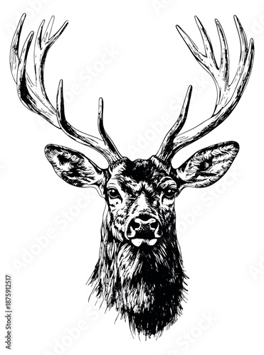 Detailed hand drawn line art illustration of a majestic deer head depicting an animal portrait for nature and wildlife designs