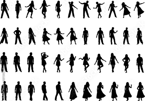 Large set of black human silhouettes, architectural people entourage, diverse men women poses, walking standing figures, vector graphic design element, isolated background collection.