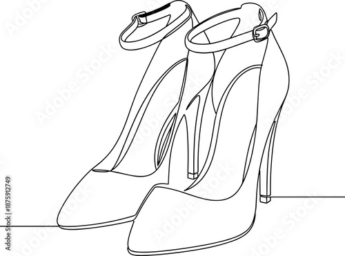 Women's high heel stiletto pumps vector line art illustration, ankle strap shoes with buckle, fashion footwear sketch, elegant black and white drawing template.