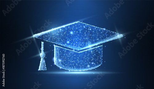 Graduate cap. Polygonal wireframe mesh looks like constellation. Education, university, success illustration or background