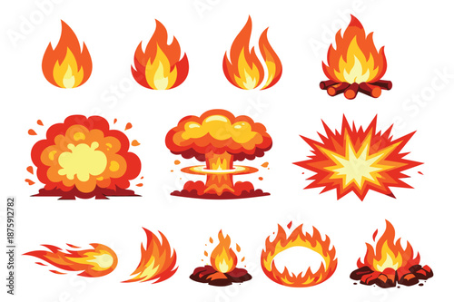 Cartoon style fire and explosion set featuring various flame and blast effects for game and app design