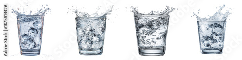 Realistic Water Splash in Drinking Glass Collection Clear Liquid Motion Isolated on Transparent Background