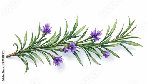 Watercolor painting of a rosemary sprig with delicate purple flowers and green leaves on a plain white background. This aromatic herb illustration is perfect for culinary or wellness designs.