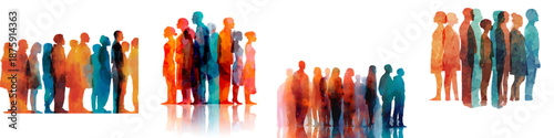 Colorful Crowd Groups Silhouettes Set Diversity Community Clusters Isolated on Transparent Background