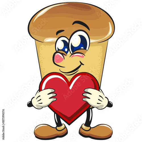 cute rum baba cake cartoon mascot character hold the heart with love with smiling vector illustration, work of hand drawn