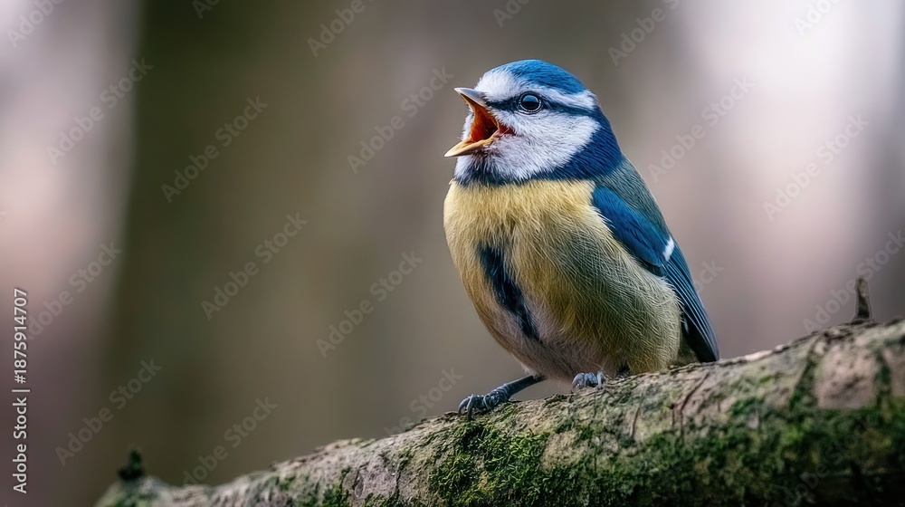 Obraz premium Colorful Blue Tit Bird Singing on Tree Branch in Nature
