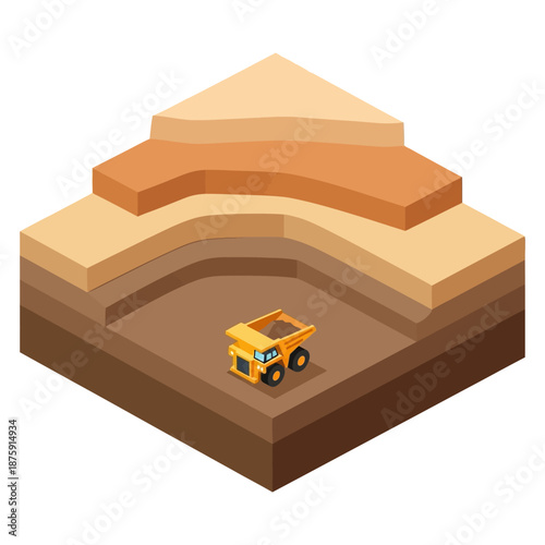 Isometric View of Open Pit Mine with Haul Truck.