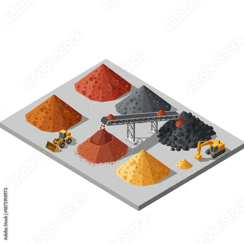 Isometric view of various mineral piles and mining equipment.