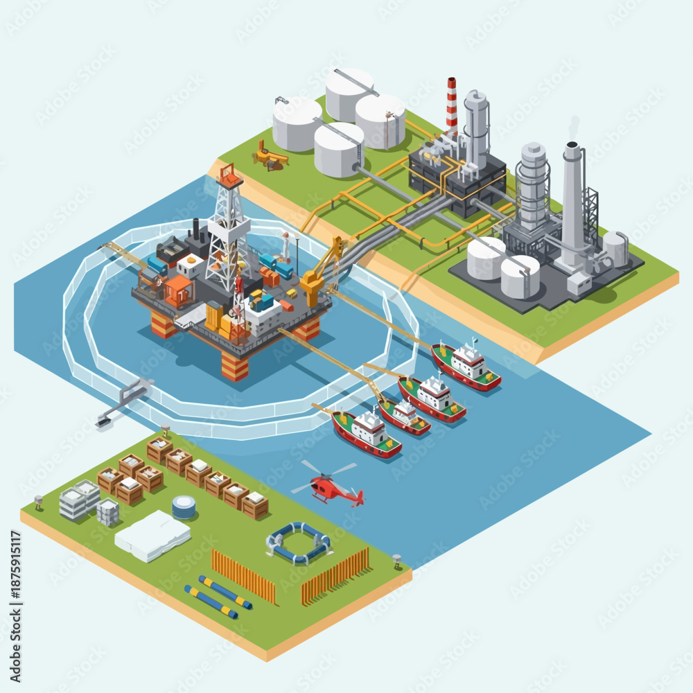 Obraz premium Offshore Oil Rig and Refinery Complex Isometric Illustration.