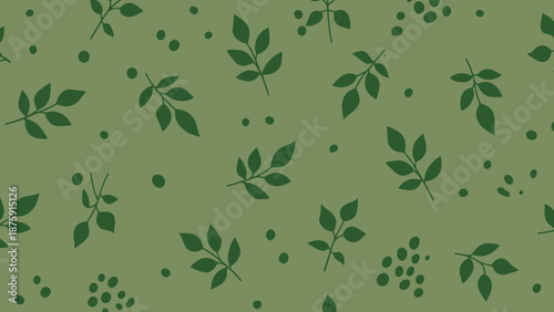 Elegant olive green botanical pattern with stylized leaves and polka dots design element