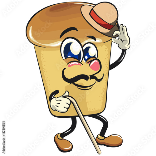 cute rum baba cake cartoon mascot character carrying a stick and saluting with raised hat, vector illustration, work of hand drawn