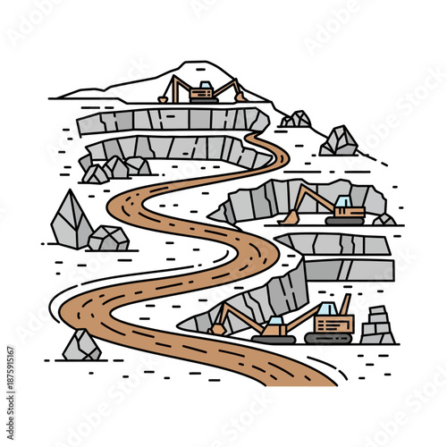 Open-pit mine with excavators and winding road.