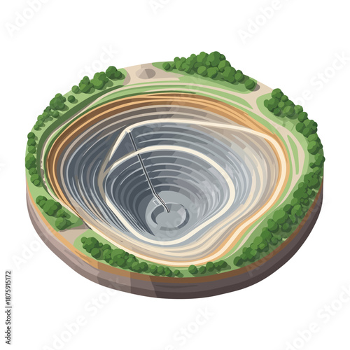 Open-pit mine cross-section showing layers of earth and mining operations.