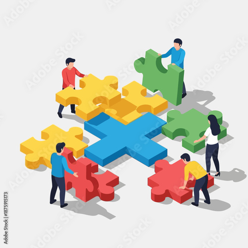 People working together to assemble large puzzle pieces into a cohesive whole.