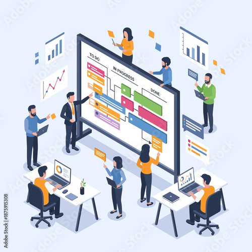 Team collaborating on a large project management board with tasks and progress tracking.