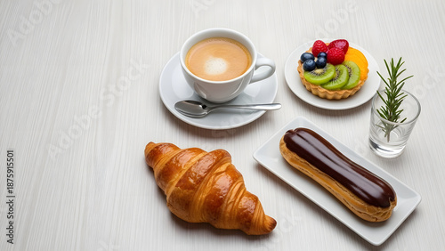 Coffee and pastries on wooden table for concept of outdoor brunches  