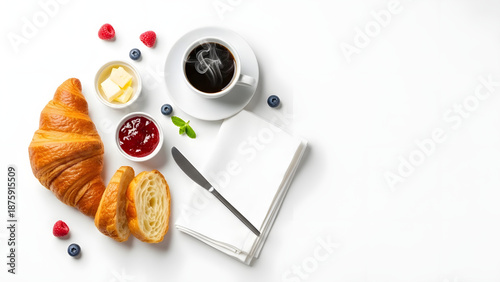 Croissant and coffee with jam on white background for outdoor brunches  