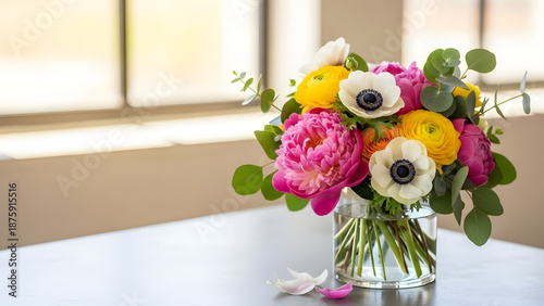 Colorful flower bouquet in glass vase on table by window  