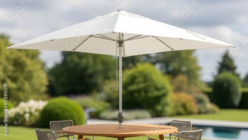 White table umbrella shading outdoor dining area in garden  
