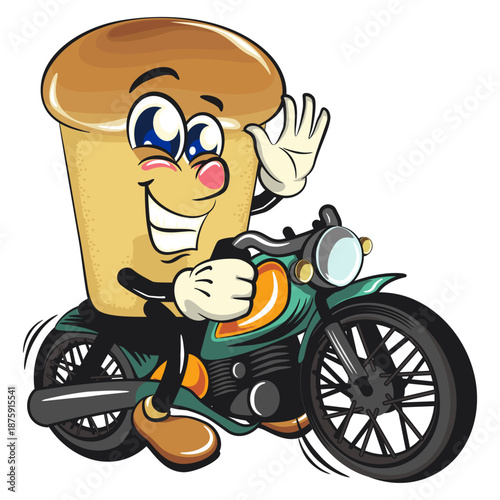 cute rum baba cake cartoon mascot character riding a big motorcycle with smiling vector illustration, work of hand drawn