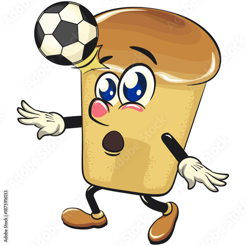 cute rum baba cake cartoon mascot character heading a soccer or football, vector illustration, work of hand drawn