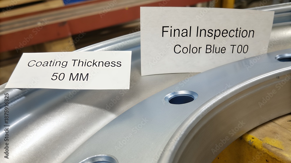 Obraz premium Close up of blue painted metal part during final inspection
