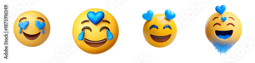Set of four laughing emojis with hearts and tears, vector illustration