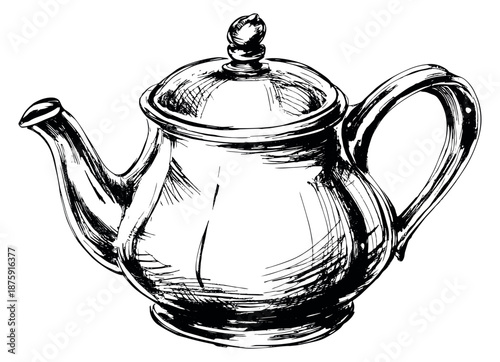Hand drawn line art illustration of a teapot depicting a traditional metal design for vintage beverage service