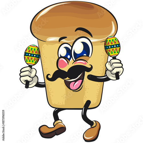 cute rum baba cake cartoon mascot character have moustache playing maracas, vector illustration, work of hand drawn