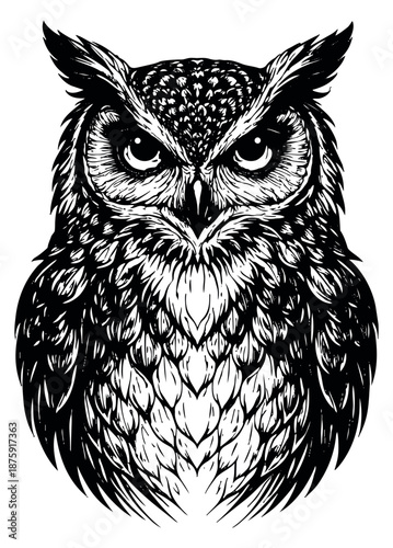Hand drawn illustration of an owl depicting an alert gaze for wildlife or wisdom concepts
