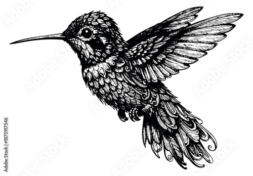 Detailed hand drawn line art illustration of a hummingbird depicting a flying bird for nature designs
