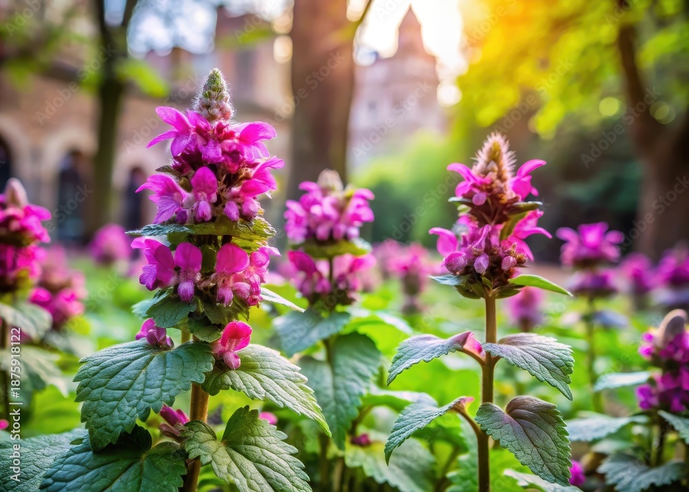 Obraz premium Vibrant pink lamium purpureum bursts forth with spring flowers in a city garden amidst lush greenery and architectural details