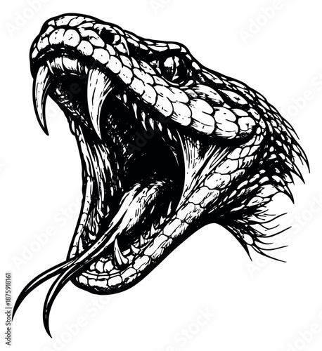 Hand drawn line art illustration of an aggressive snake head depicting a wide open mouth with fangs for dangerous wildlife concepts
