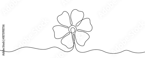 A stylized flower head with petals on a horizontal line, symbolizing spring, blooming, and minimalism. Drawing in one line art style with editable black stroke. Vector illustration.