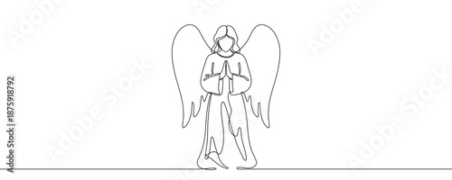 An angel with wings standing in a prayer pose, symbolizing faith, spirituality, protection, and Christmas. Drawing in one line art style with editable black stroke. Vector illustration.