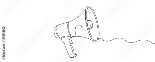 A handheld megaphone on a horizontal line with a wavy extension. Drawing in one line art style with editable black stroke. Vector illustration.