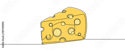 A yellow triangular piece of cheese with large holes on a horizontal line. Drawing in one line art style with editable black stroke. Vector illustration.
