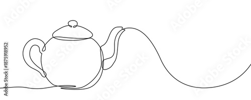 One continuous line of a classic teapot. Line art of a teapot with a lid. Drawing in one line style with a black stroke. Vector illustration.