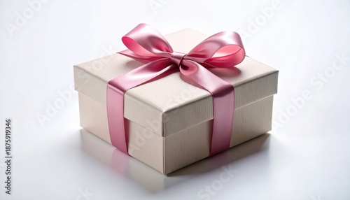 White gift box with pink ribbon and pink bow on top box.