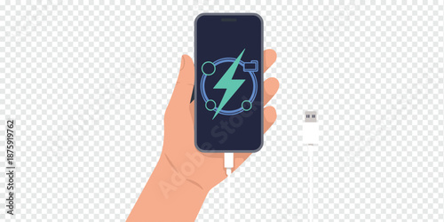 Hand Holding Smartphone with Glowing Charging Symbol, mobile charging and technology concept